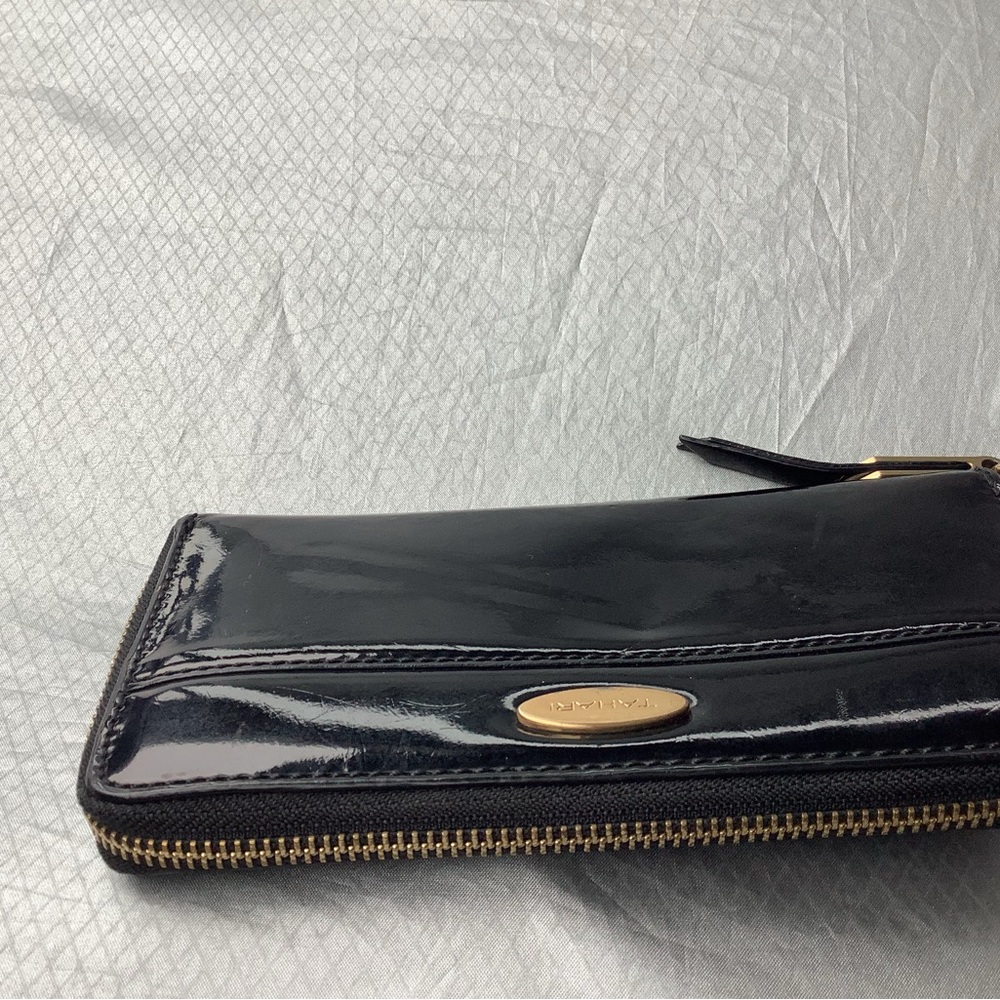 Tahari Black Patent Zip-Around Wristlet Wallet with Gold Accent